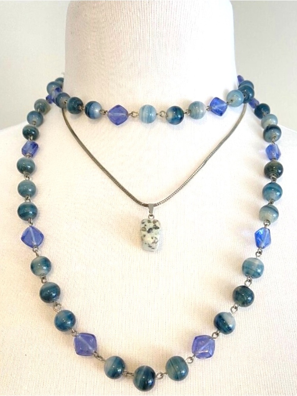 Natural coastal boho Blue Beaded Necklace & Stone Pendant pair arrangement